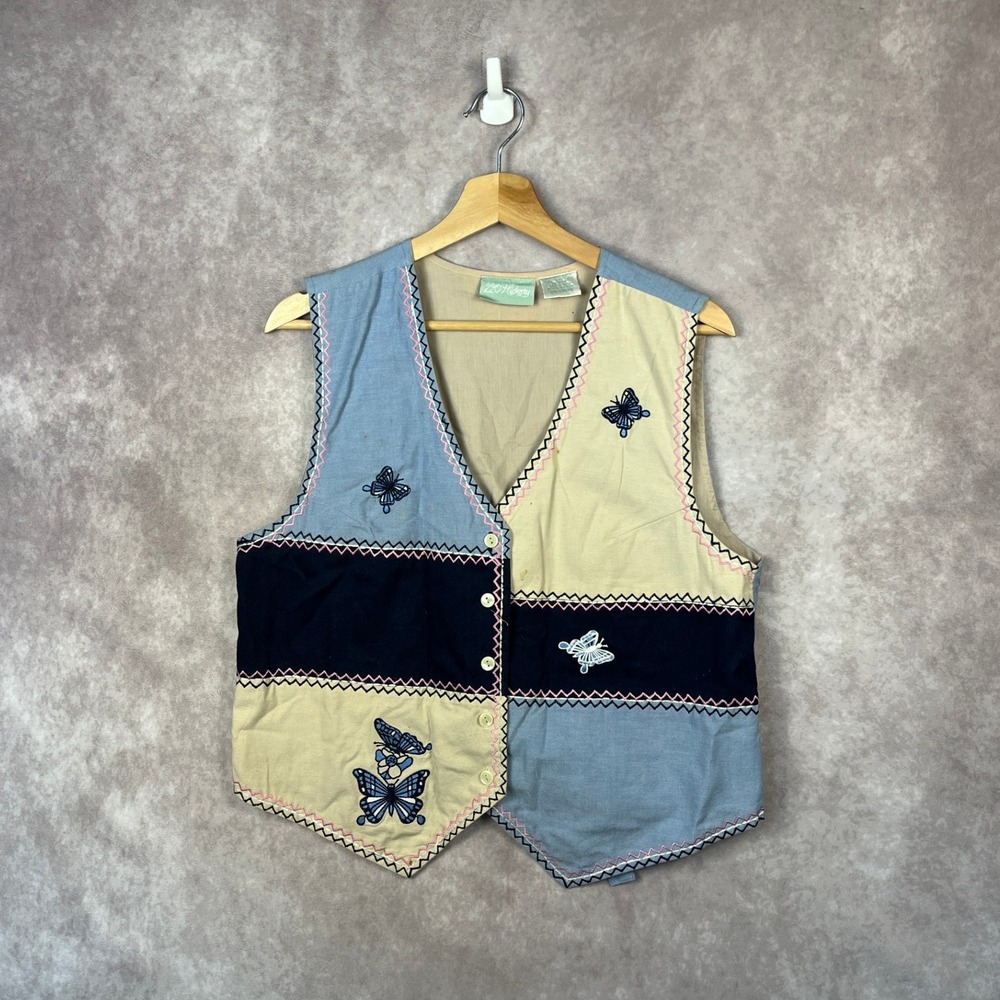 Vintage 90s 220 Hickory Butterfly Embroidered Vest Sleeveless Top Blue Beige